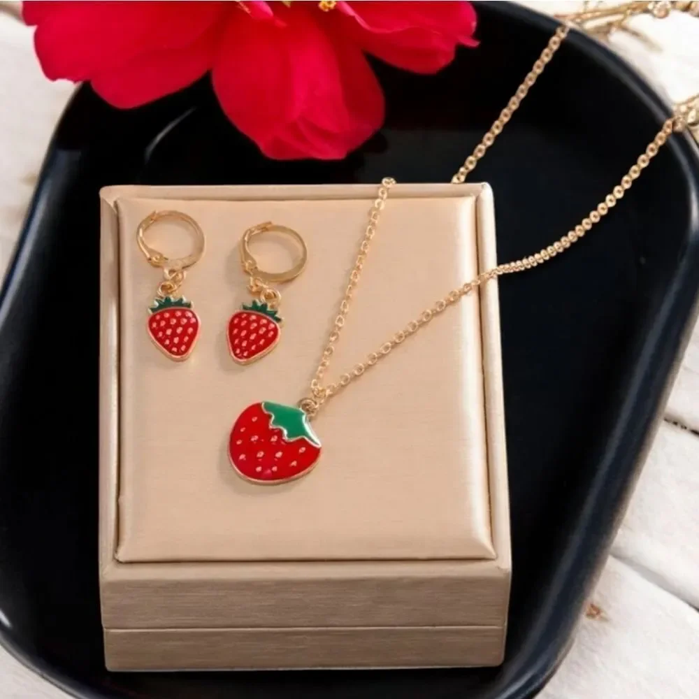 Girls Red Seeded Strawberry Jewelry Set Necklace Pierced Earrings Leverback Hoop